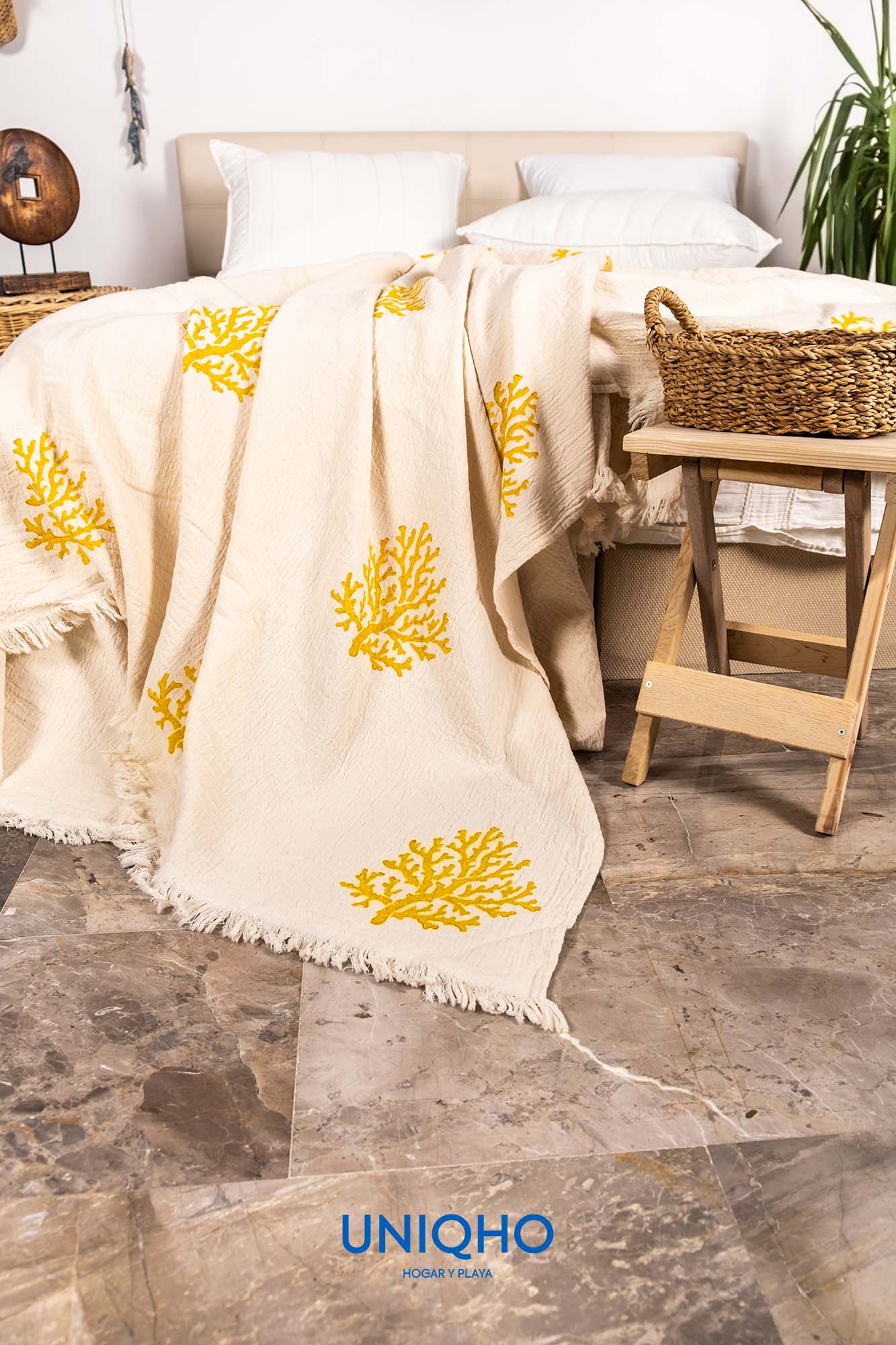 Colcha, Edredón, Impresión con Bloques Madera, Coral, Amarillo