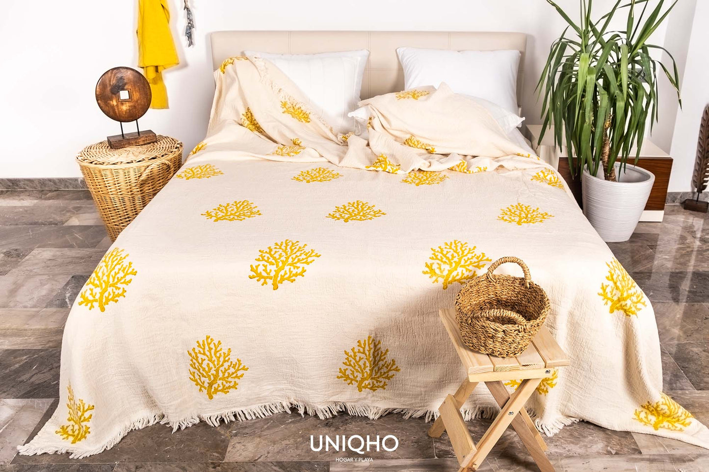 Colcha, Edredón, Impresión con Bloques Madera, Coral, Amarillo