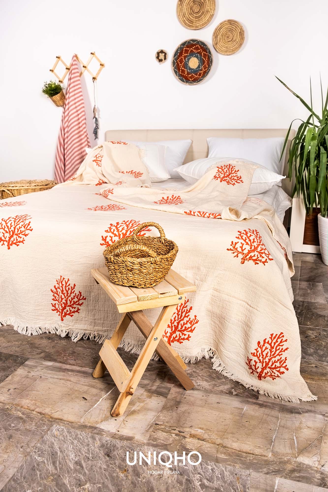 Bedspread, Quilt, Woodblock Print, Coral, Red