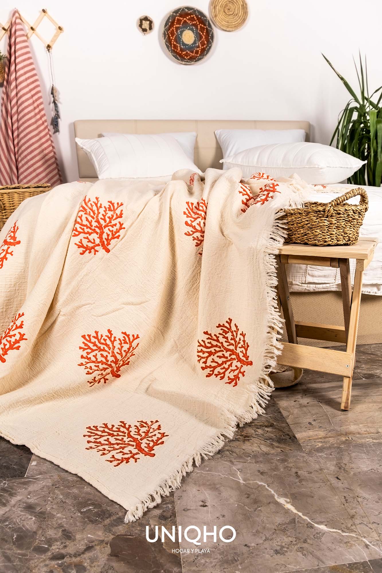 Bedspread, Quilt, Woodblock Print, Coral, Red