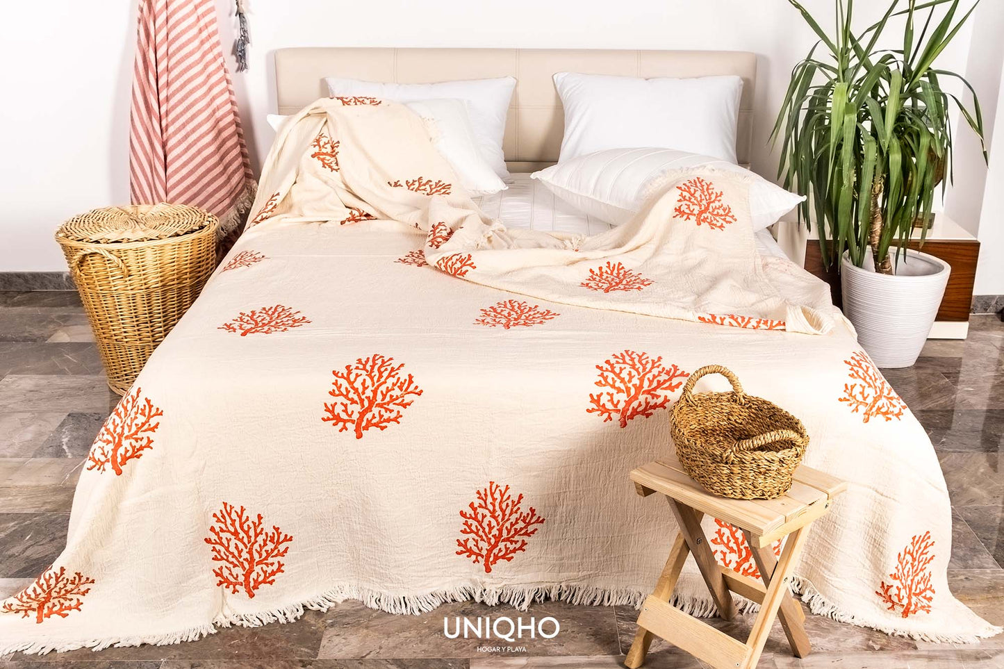 Bedspread, Quilt, Woodblock Print, Coral, Red