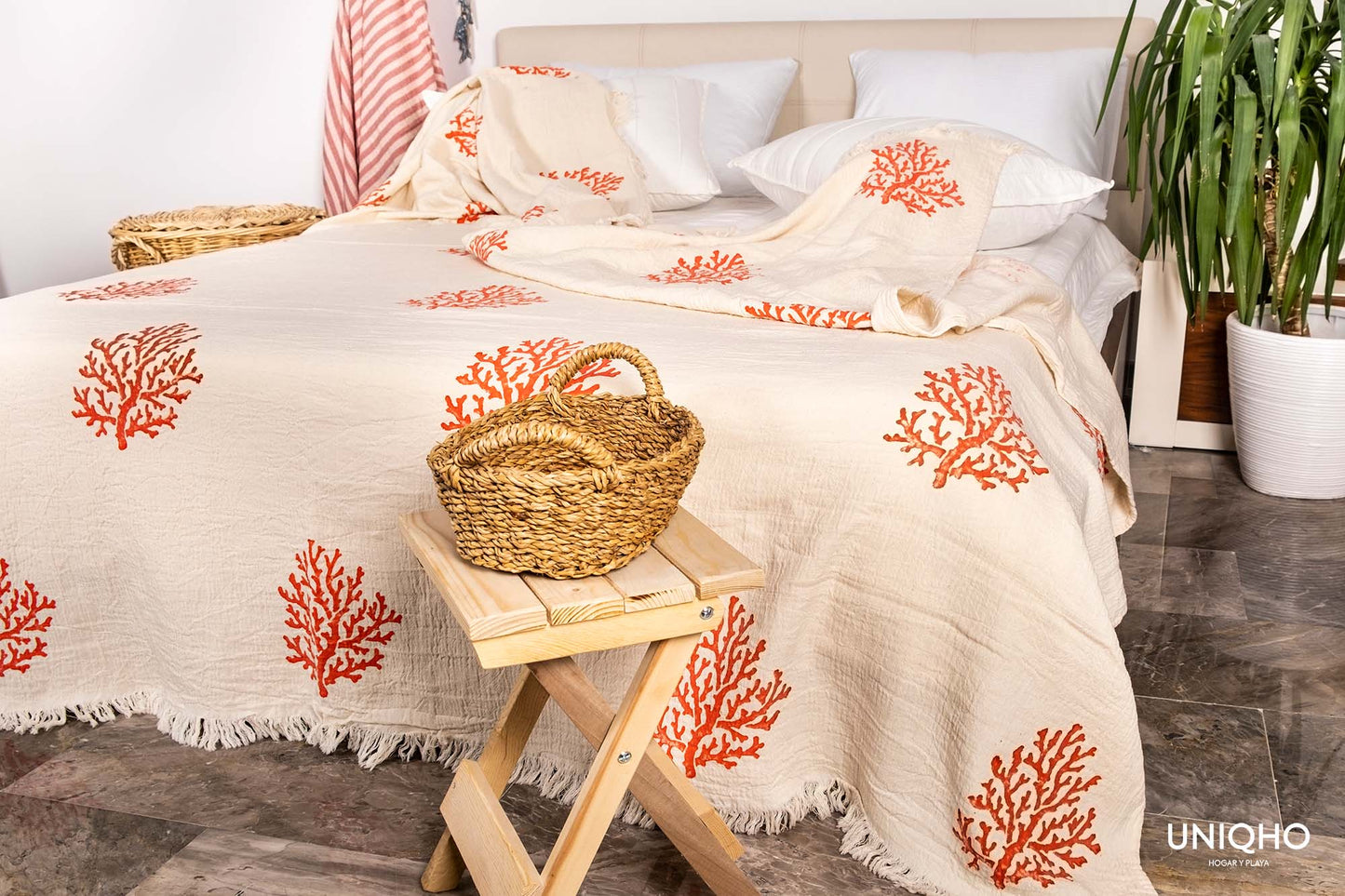 Bedspread, Quilt, Woodblock Print, Coral, Red