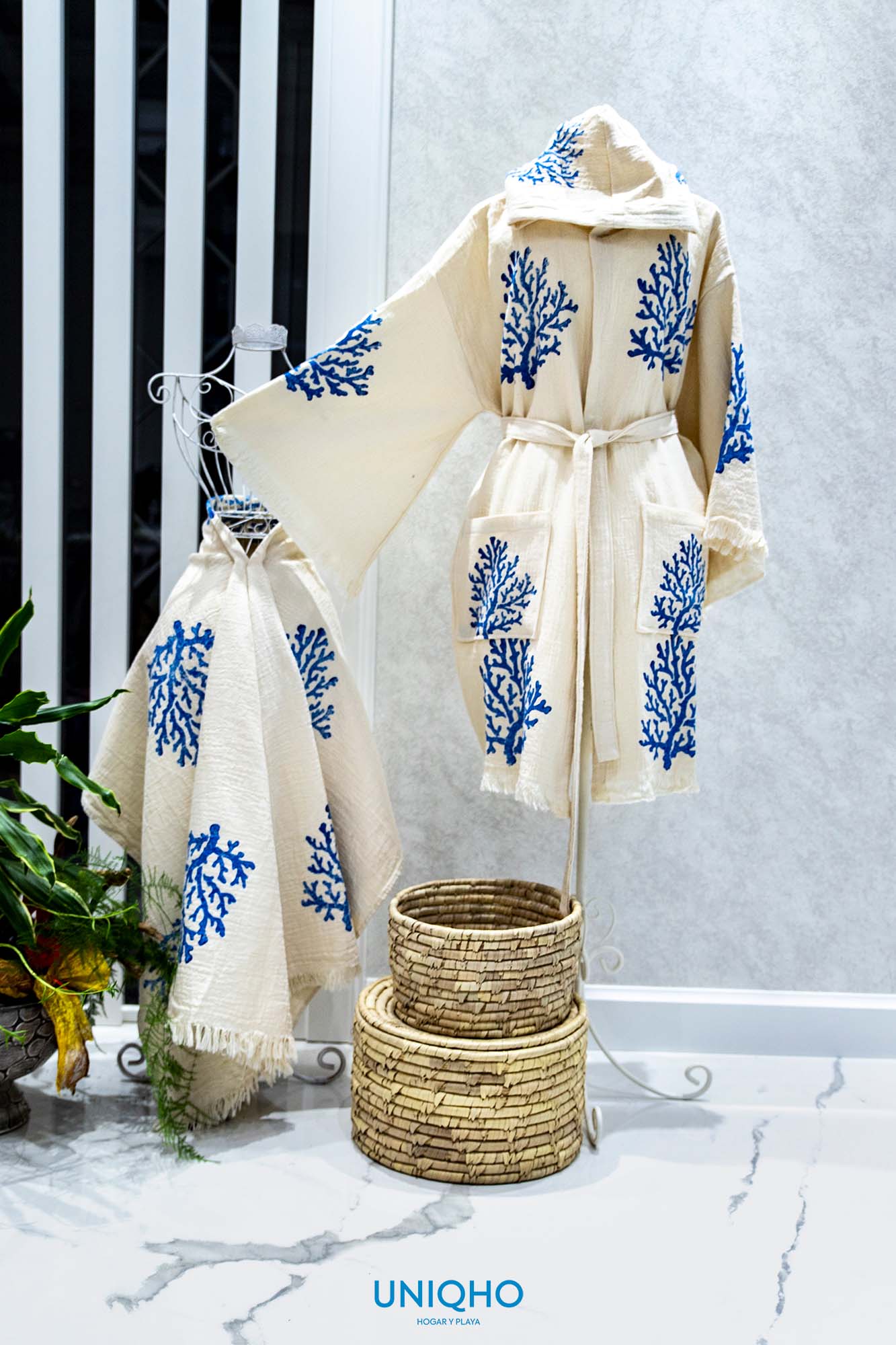 Kimono, Albornoz, Impresión con Bloques Madera, Coral, Azul