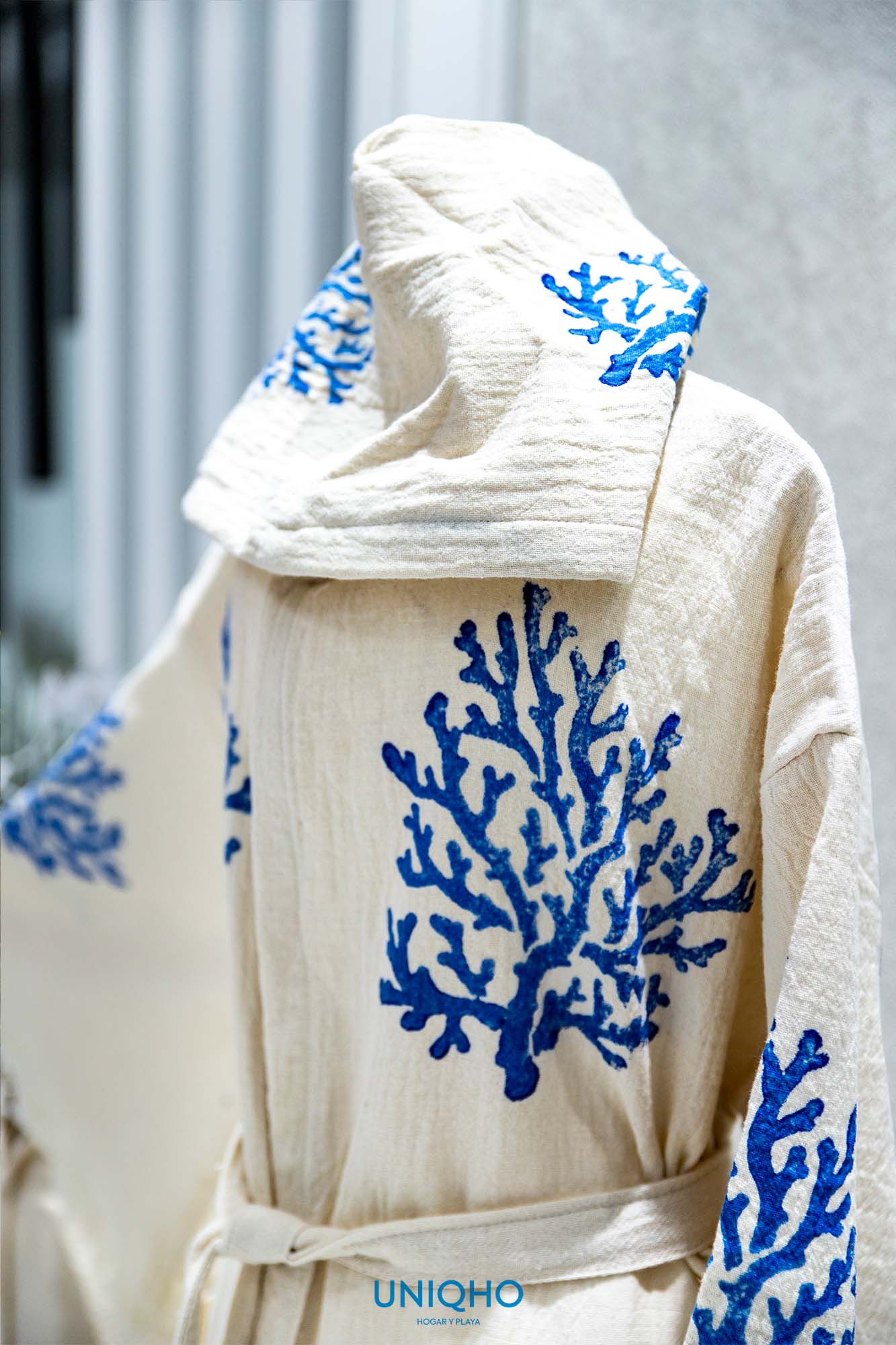 Kimono, Albornoz, Impresión con Bloques Madera, Coral, Azul