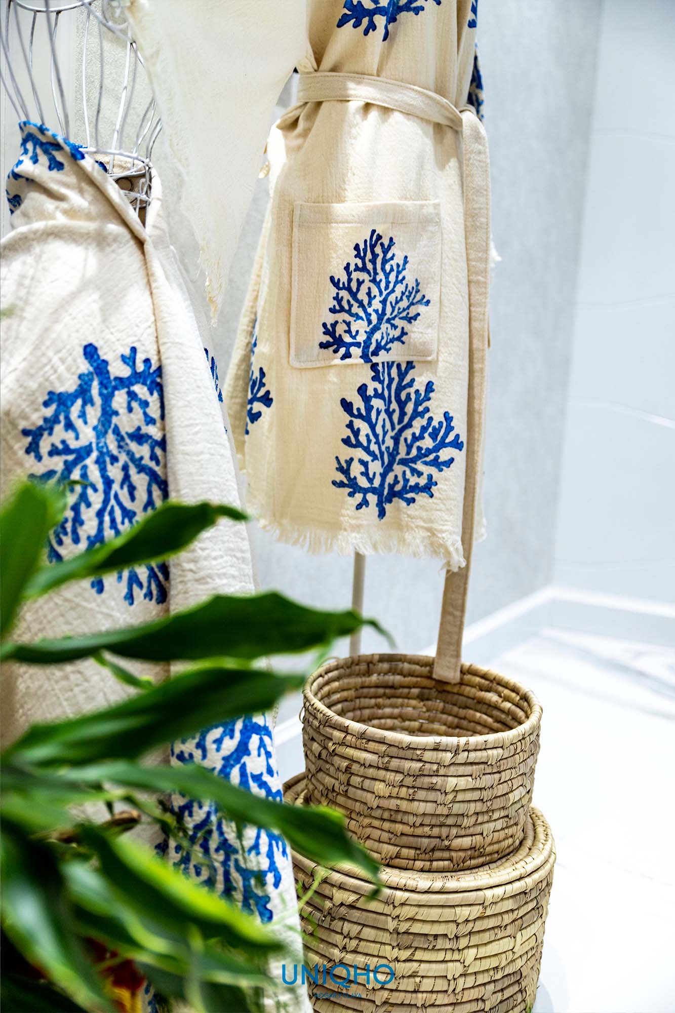 Kimono, Albornoz, Impresión con Bloques Madera, Coral, Azul