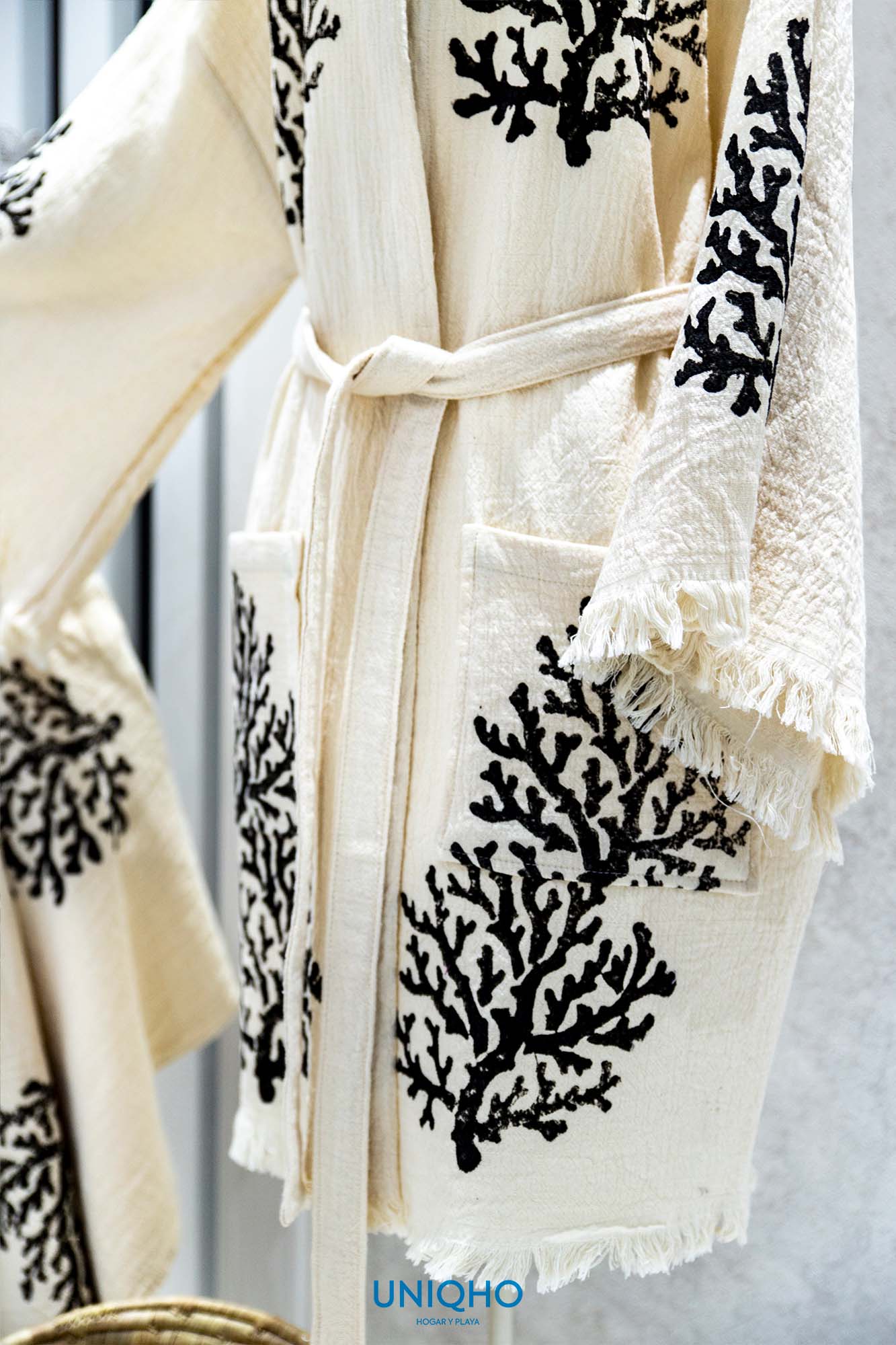 Kimono, Albornoz, Impresión con Bloques Madera, Coral, Negro