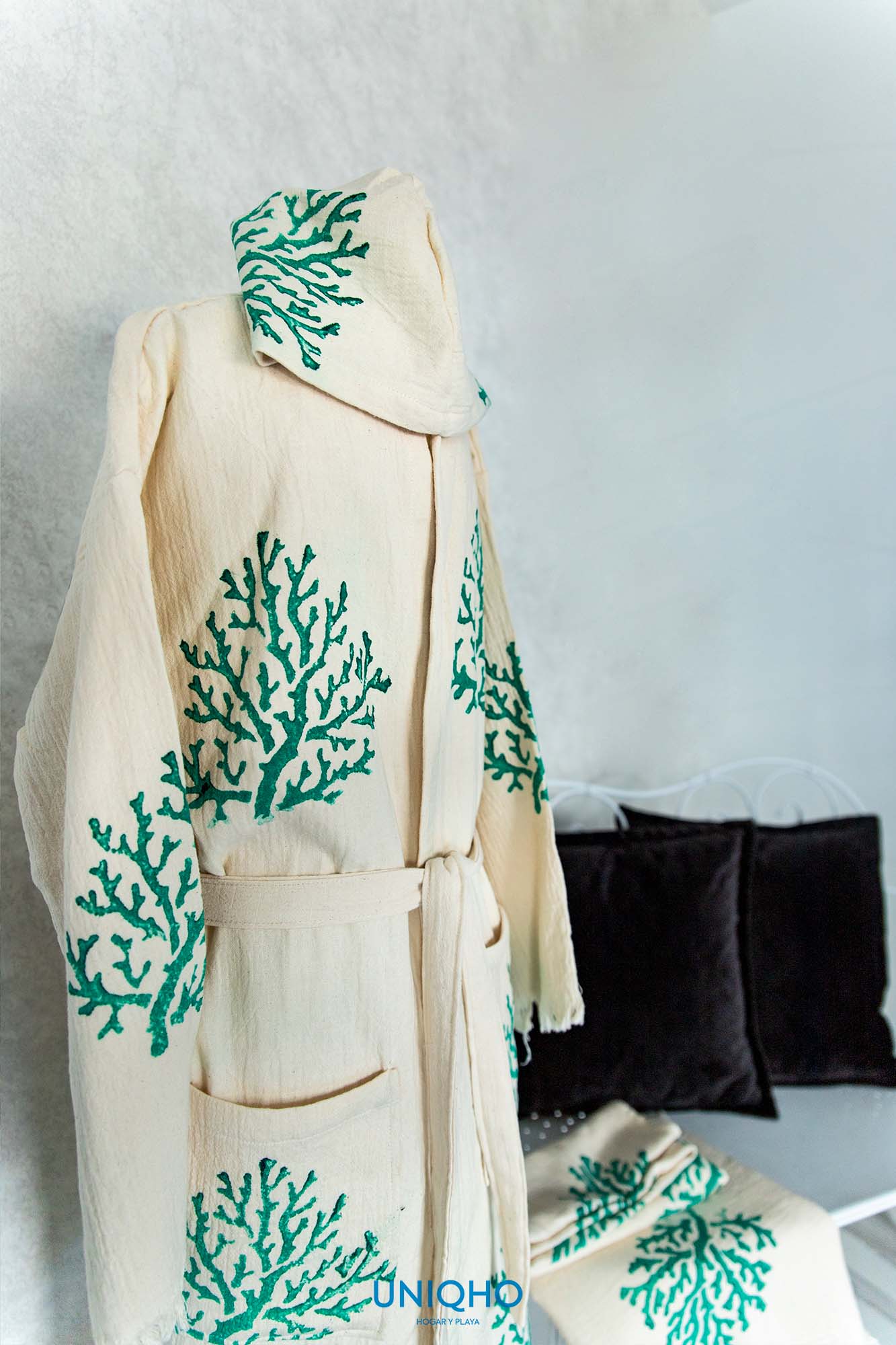 Kimono, Bathrobe, Woodblock Print, Coral, Green