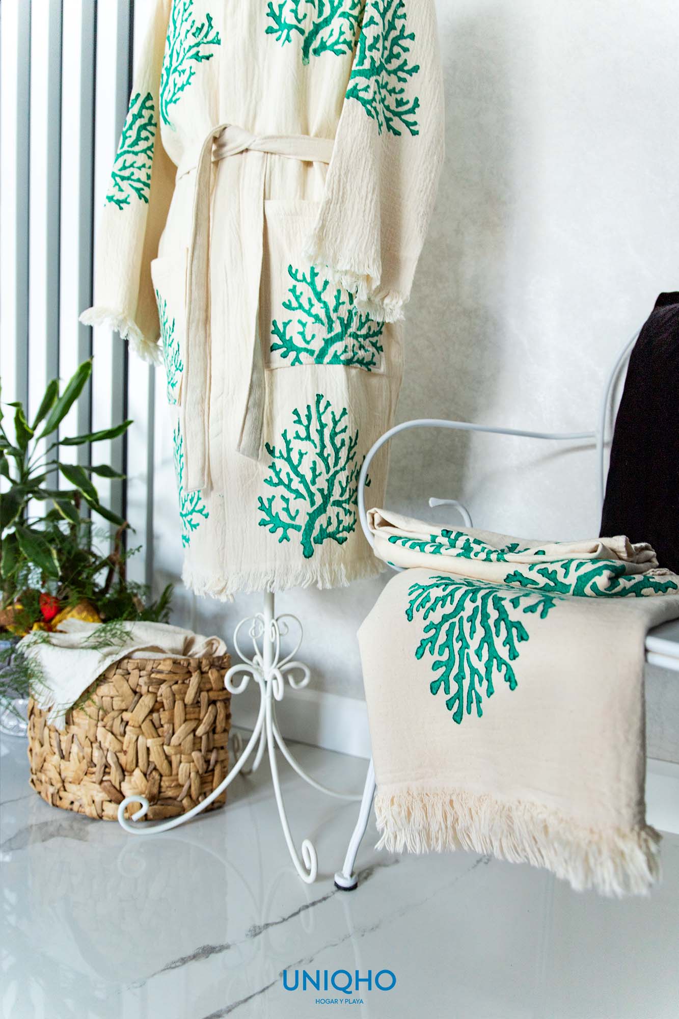 Kimono, Bathrobe, Woodblock Print, Coral, Green