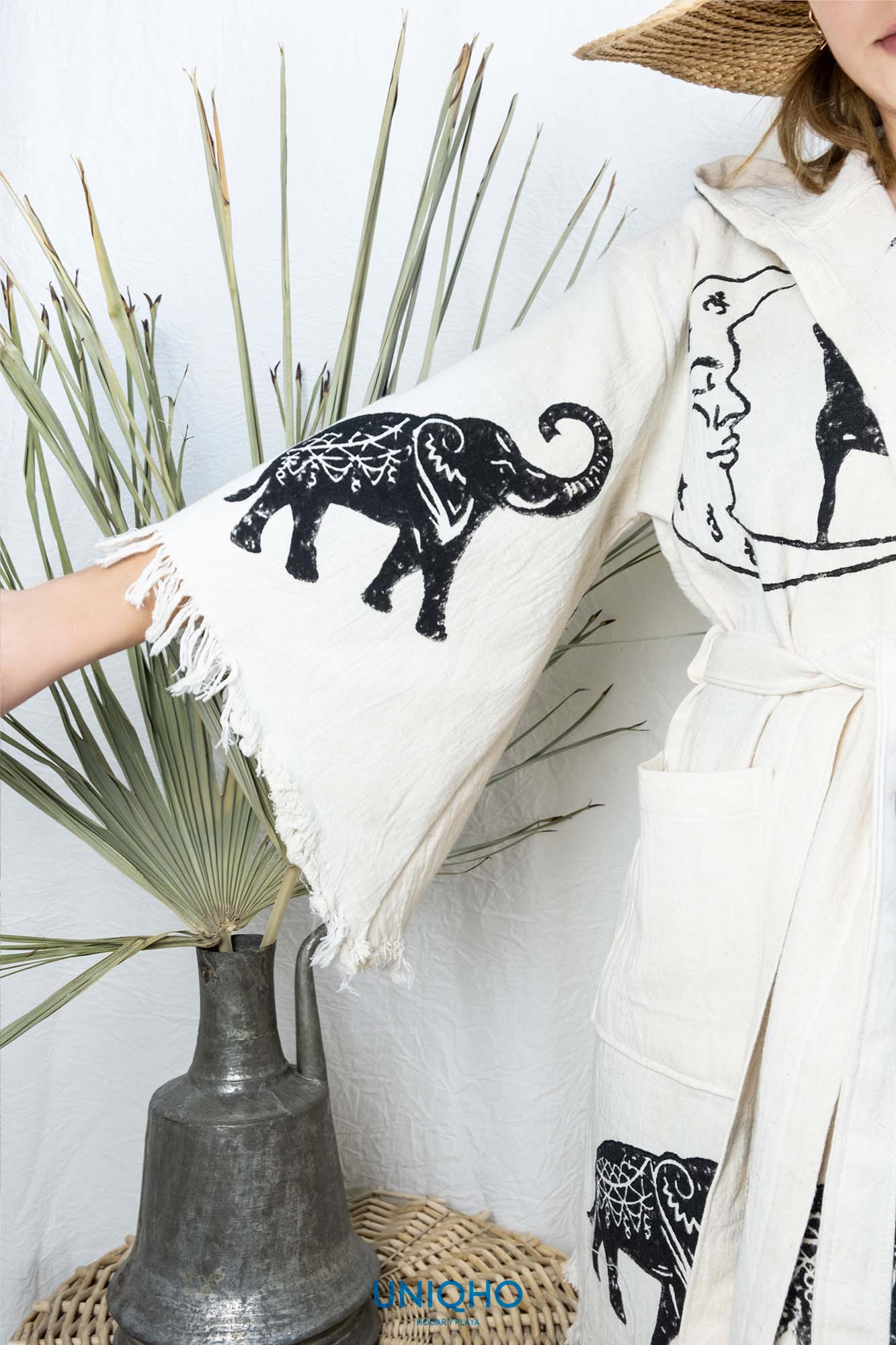 Kimono, Bathrobe, Woodblock Print, Yoga Elephant