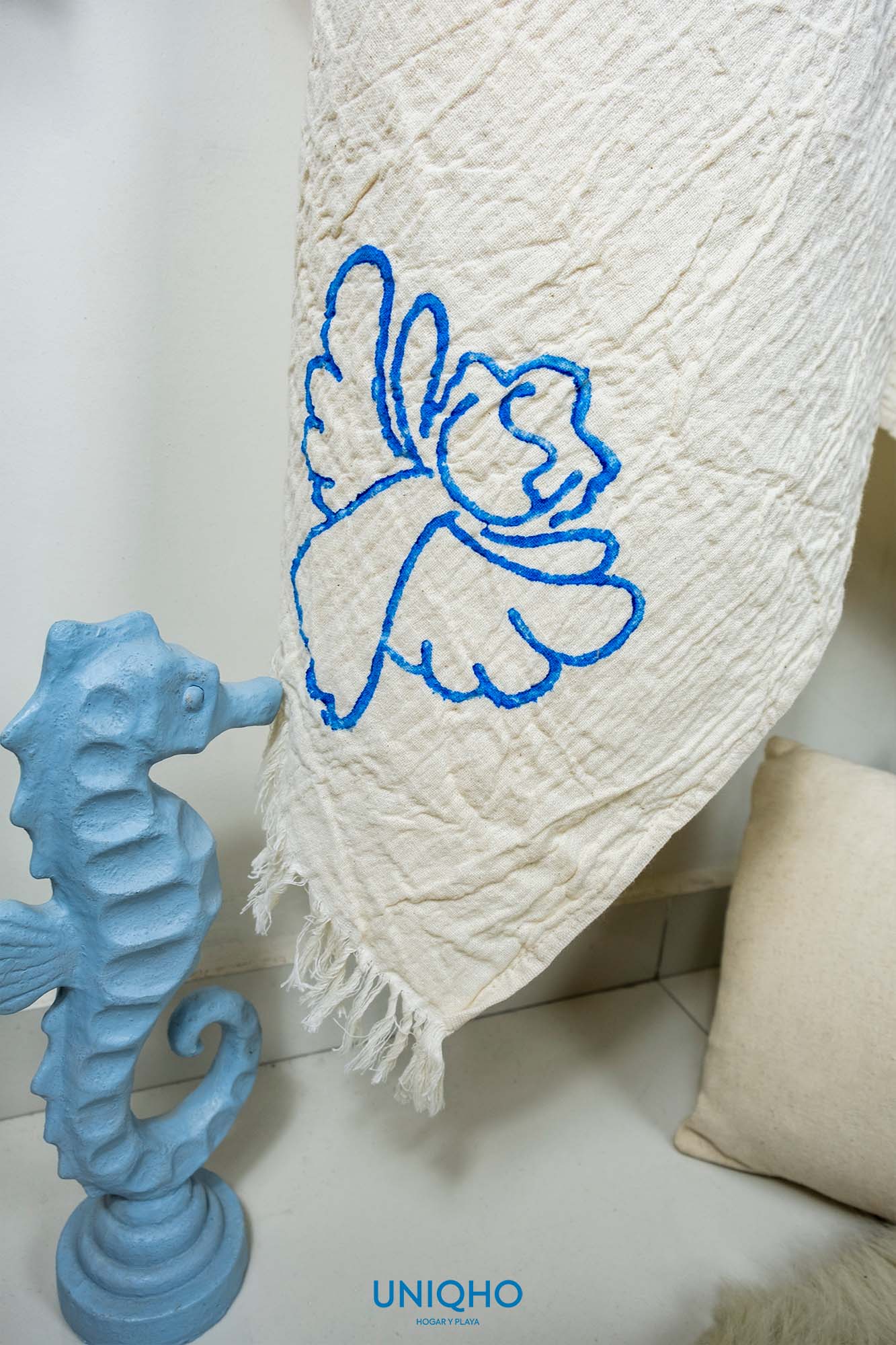 Pestamal, Beach Towel, Woodblock Print, Angel, Blue