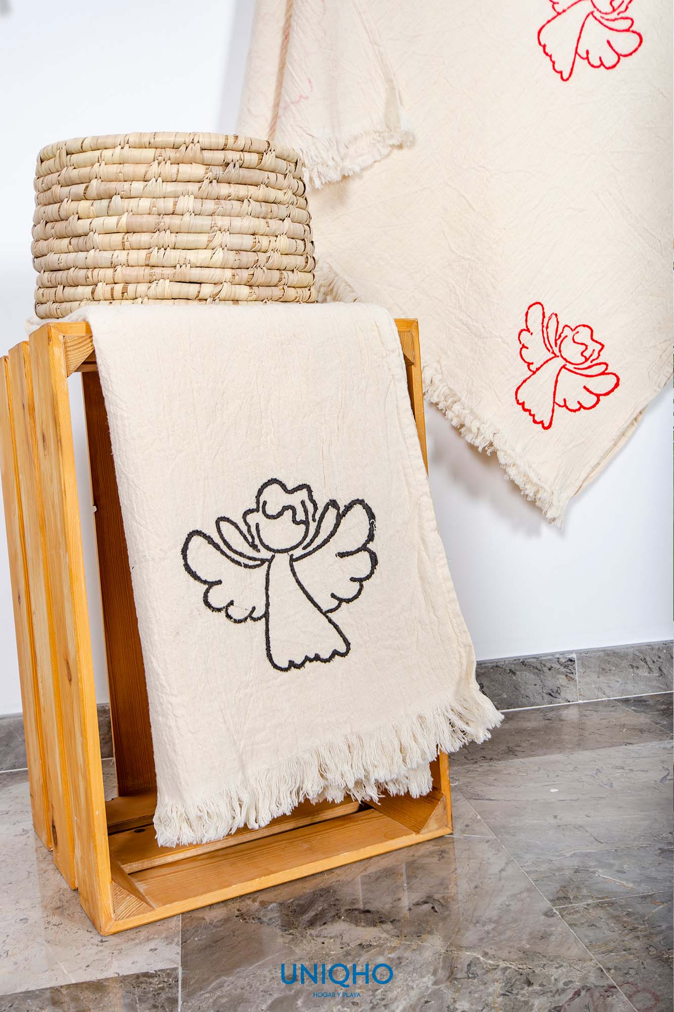 Pestamal, Beach Towel, Woodblock Print, Angel, Black