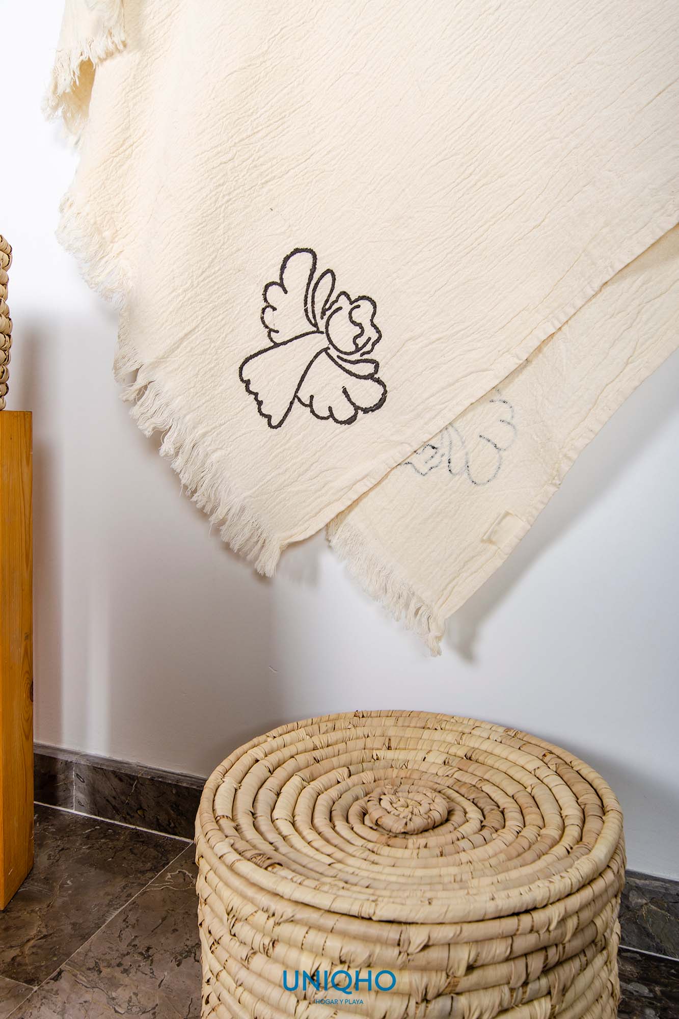 Pestamal, Beach Towel, Woodblock Print, Angel, Black