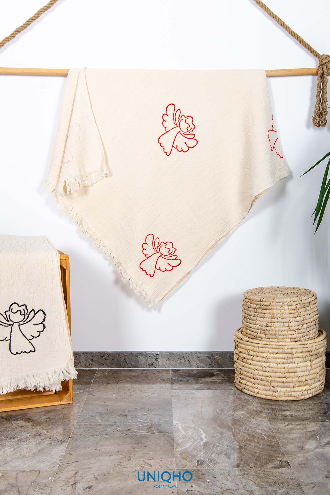 Pestamal, Beach Towel, Woodblock Print, Angel, Red