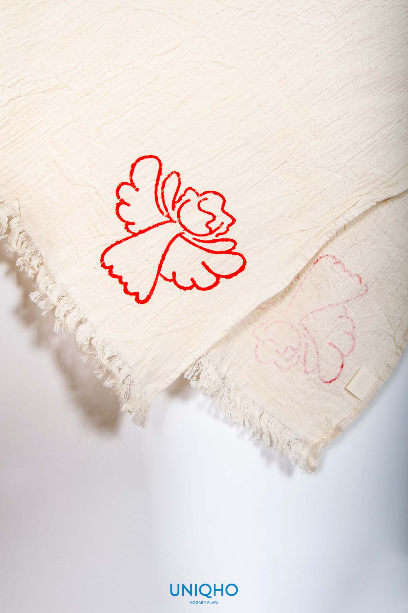 Pestamal, Beach Towel, Woodblock Print, Angel, Red