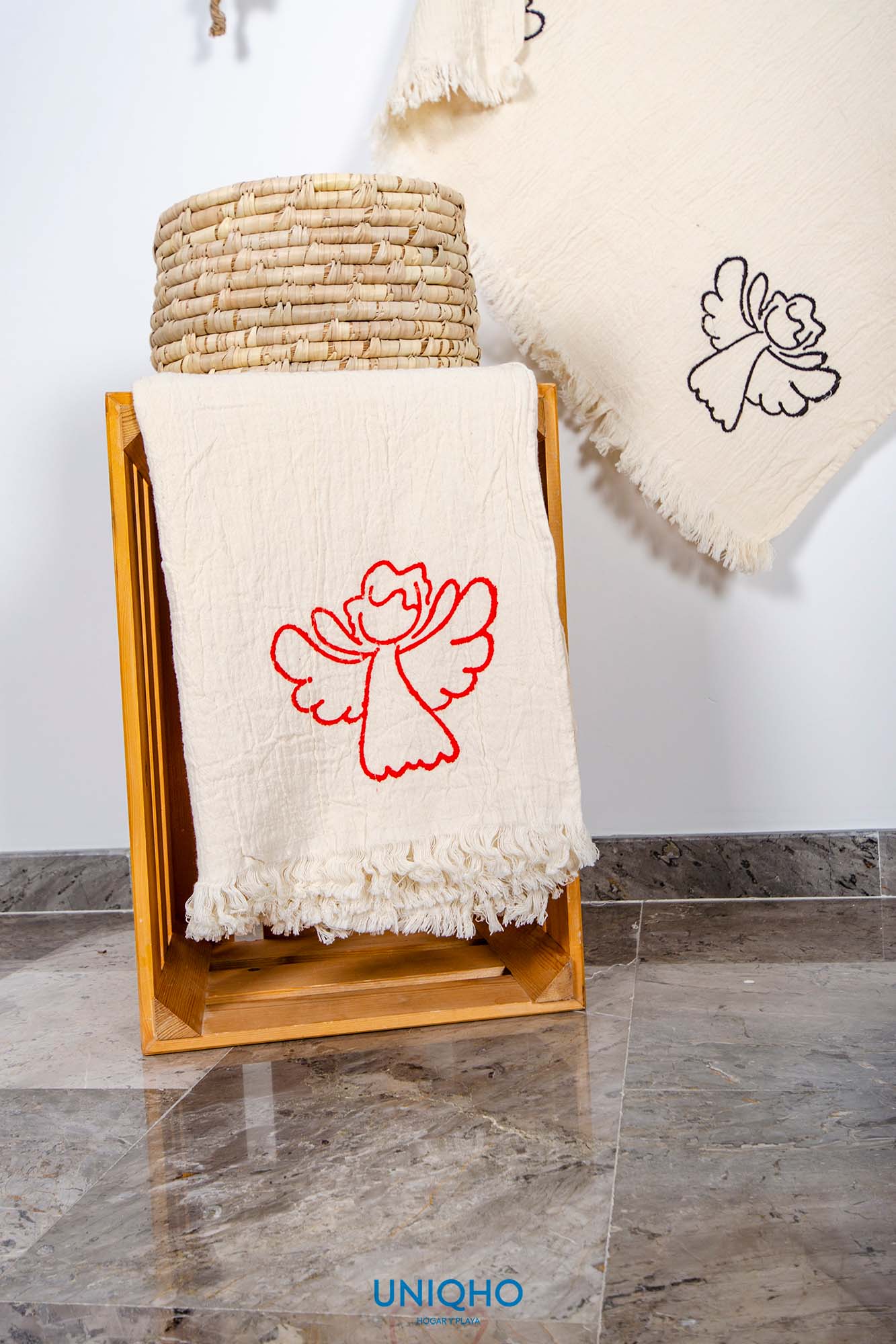 Pestamal, Beach Towel, Woodblock Print, Angel, Red