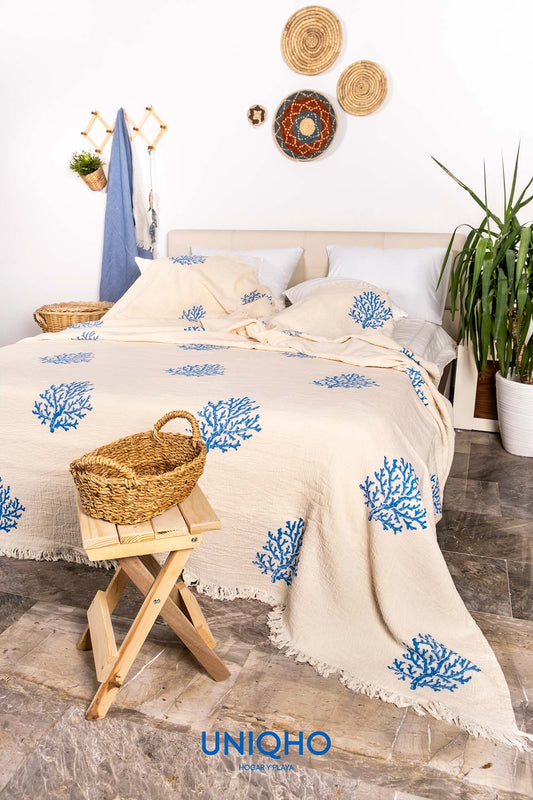 Colcha, Edredón, Impresión con Bloques Madera, Coral, Azul