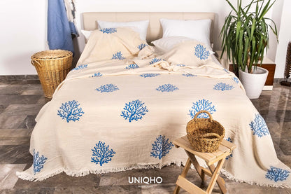Colcha, Edredón, Impresión con Bloques Madera, Coral, Azul