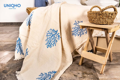 Colcha, Edredón, Impresión con Bloques Madera, Coral, Azul
