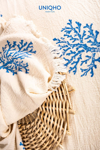 Colcha, Edredón, Impresión con Bloques Madera, Coral, Azul