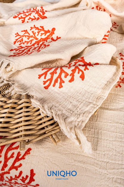 Bedspread, Quilt, Woodblock Print, Coral, Red