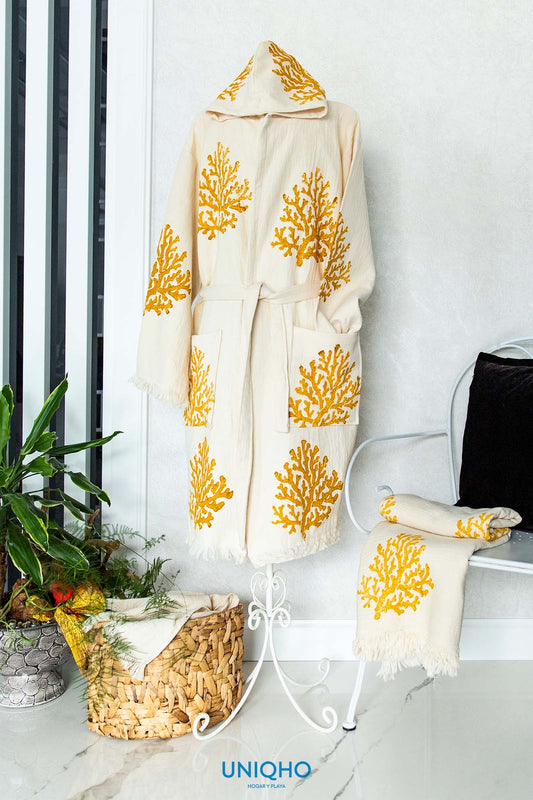 Kimono, Albornoz, Impresión con Bloques Madera, Coral, Amarillo