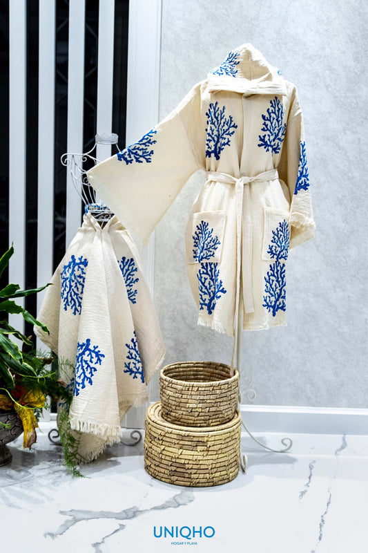 Kimono, Albornoz, Impresión con Bloques Madera, Coral, Azul