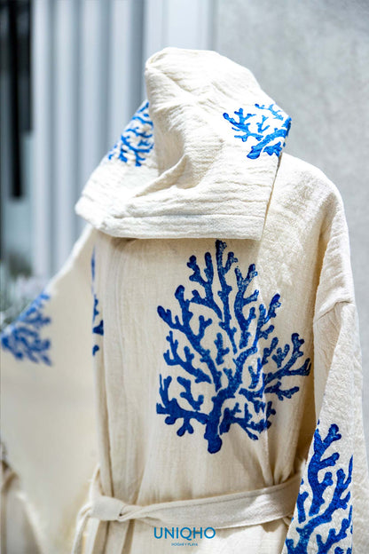 Kimono, Albornoz, Impresión con Bloques Madera, Coral, Azul