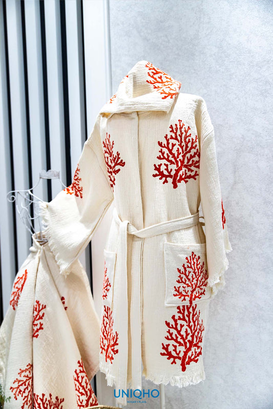 Kimono, Bathrobe, Woodblock Print, Coral, Red