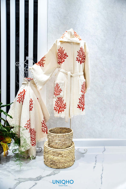 Kimono, Bathrobe, Woodblock Print, Coral, Red