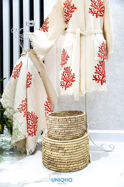 Kimono, Bathrobe, Woodblock Print, Coral, Red