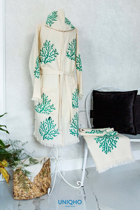 Kimono, Bathrobe, Woodblock Print, Coral, Green