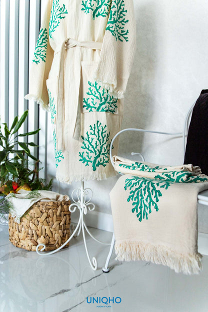Kimono, Albornoz, Impresión con Bloques Madera, Coral, Verde