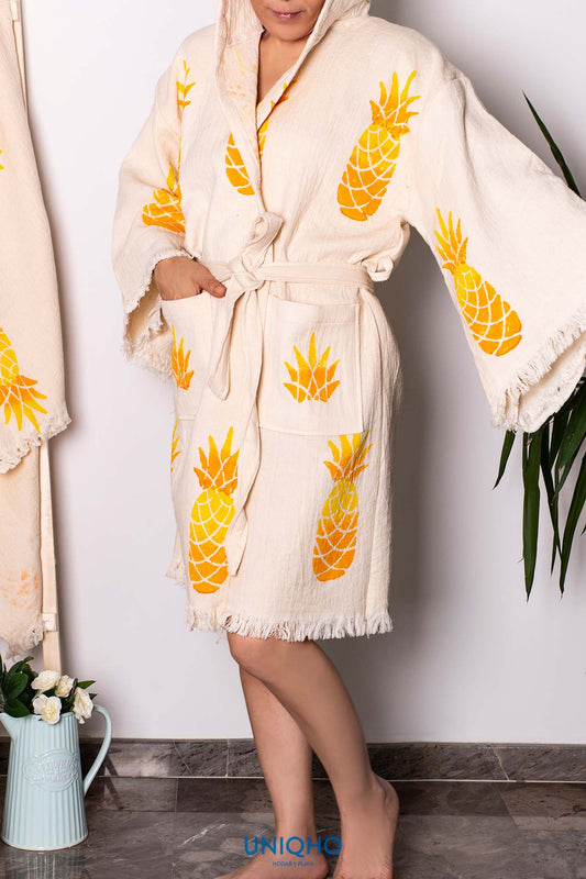 Kimono, Albornoz, Impresión con Bloques Madera, Piña