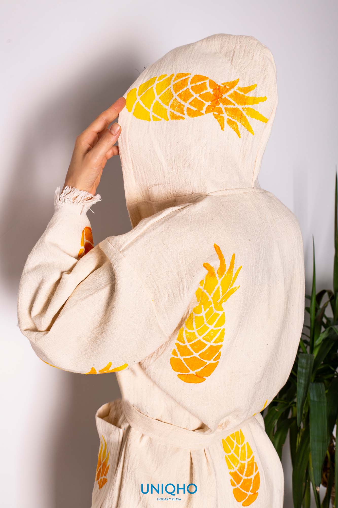 Kimono, Albornoz, Impresión con Bloques Madera, Piña