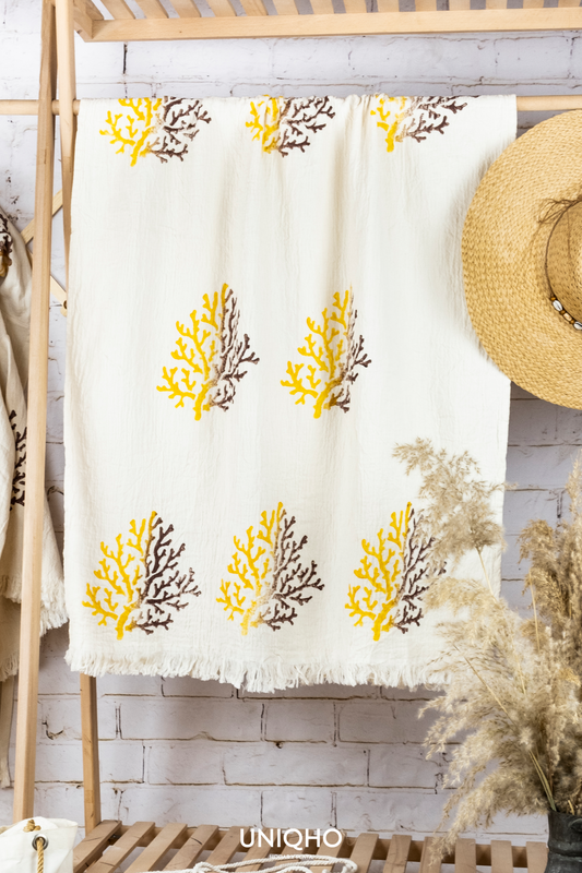 Pestamal, Towel, Woodblock Printing, Bicolor Coral, Yellow - Brown
