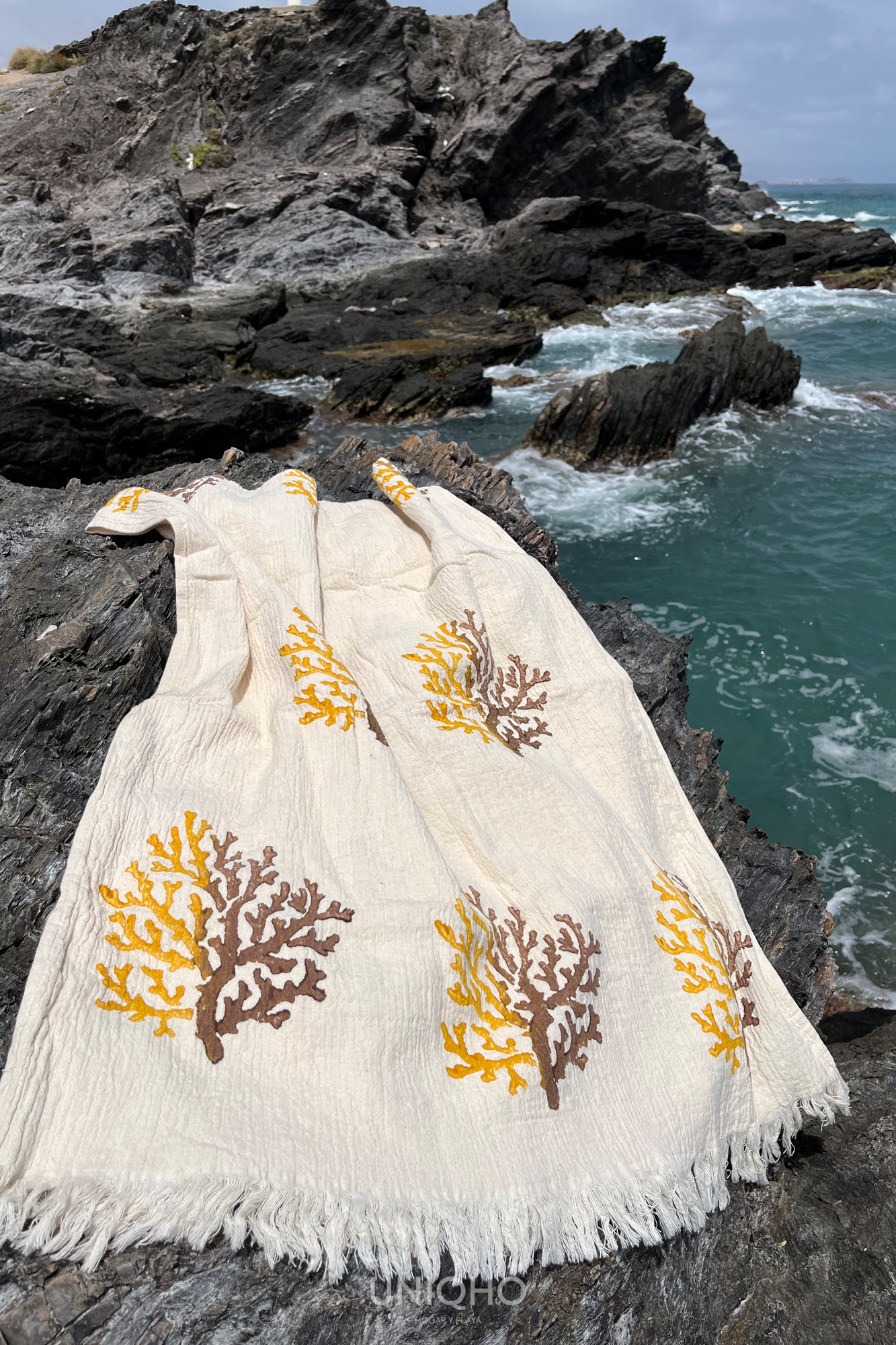 Pestamal, Toalla, Impresión con Bloques Madera, Coral Bicolor, Amarillo - Marron