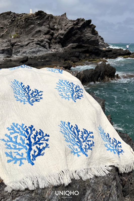 Beach Towel, Pestamal, Bicolor Coral, Blue-Light Blue
